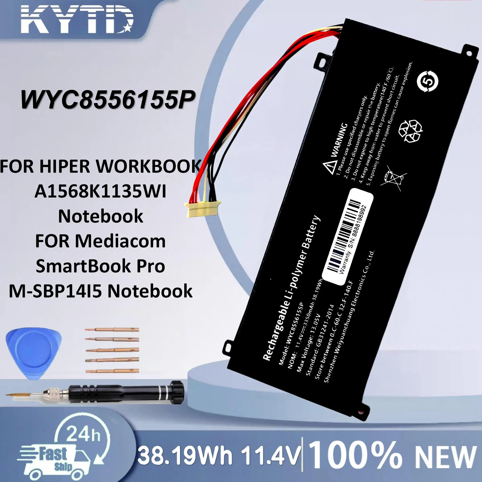 KYTD For HIPER WORKBOOK A1568K1135WI WYC8556155P 11.4V 38.19Wh 3350mAh Laptop Battery For Mediacom SmartBook Pro M-SBP14I5
