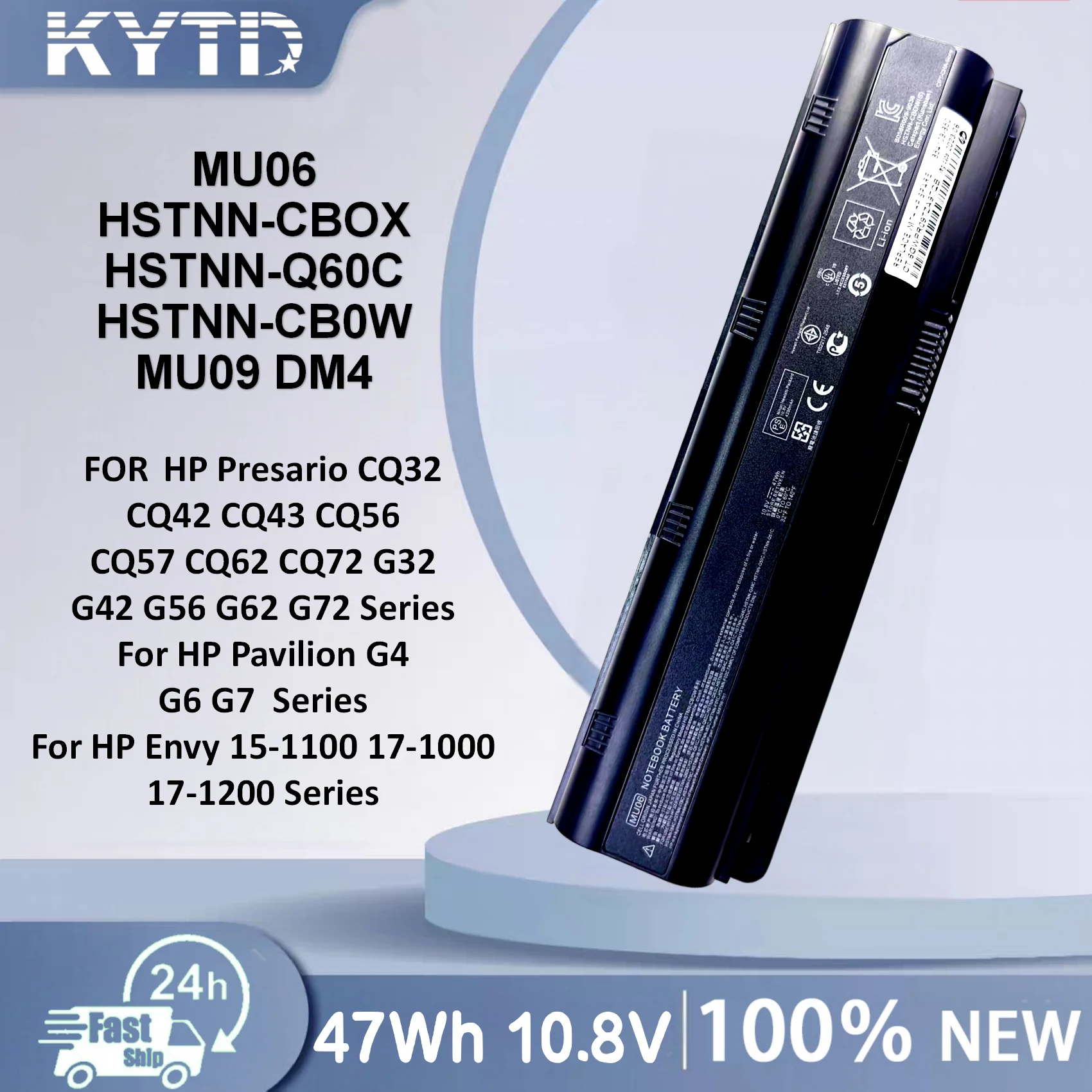 KYTD MU06 Laptop Battery for HP Pavilion G4 G6 G7 CQ42 CQ32 G42 CQ43 G32 DV6 DM4 G72 593562-001 HSTNN-DB0Y/UB0Y/IB0Y 10.8V 47Wh