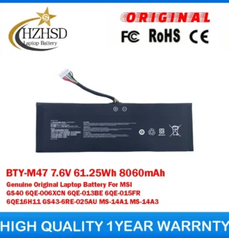 BTY-M47 7.6V 61.25Wh 8060mAh Genuine Original Laptop Battery For MSI GS40 6QE-006XCN 6QE-013BE 6QE-015FR 6QE16H11 GS43-6RE-025AU