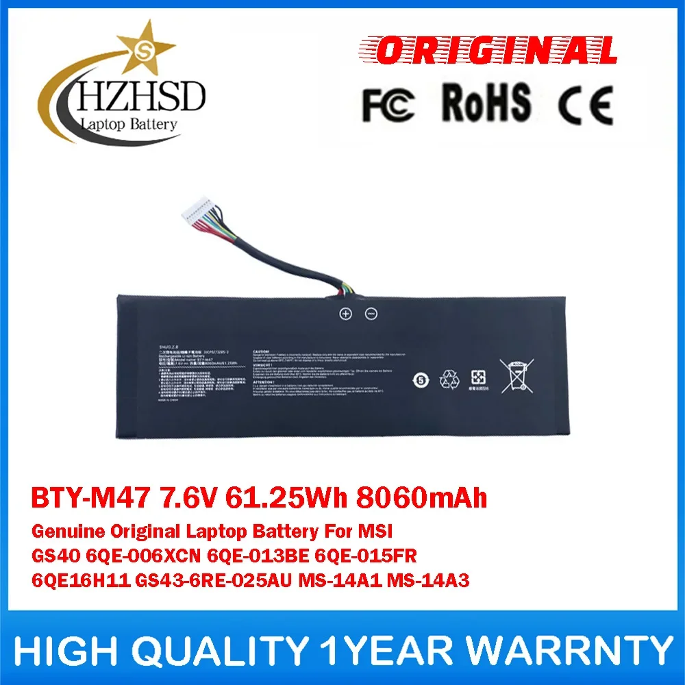 BTY-M47 7.6V 61.25Wh 8060mAh Genuine Original Laptop Battery For MSI GS40 6QE-006XCN 6QE-013BE 6QE-015FR 6QE16H11 GS43-6RE-025AU