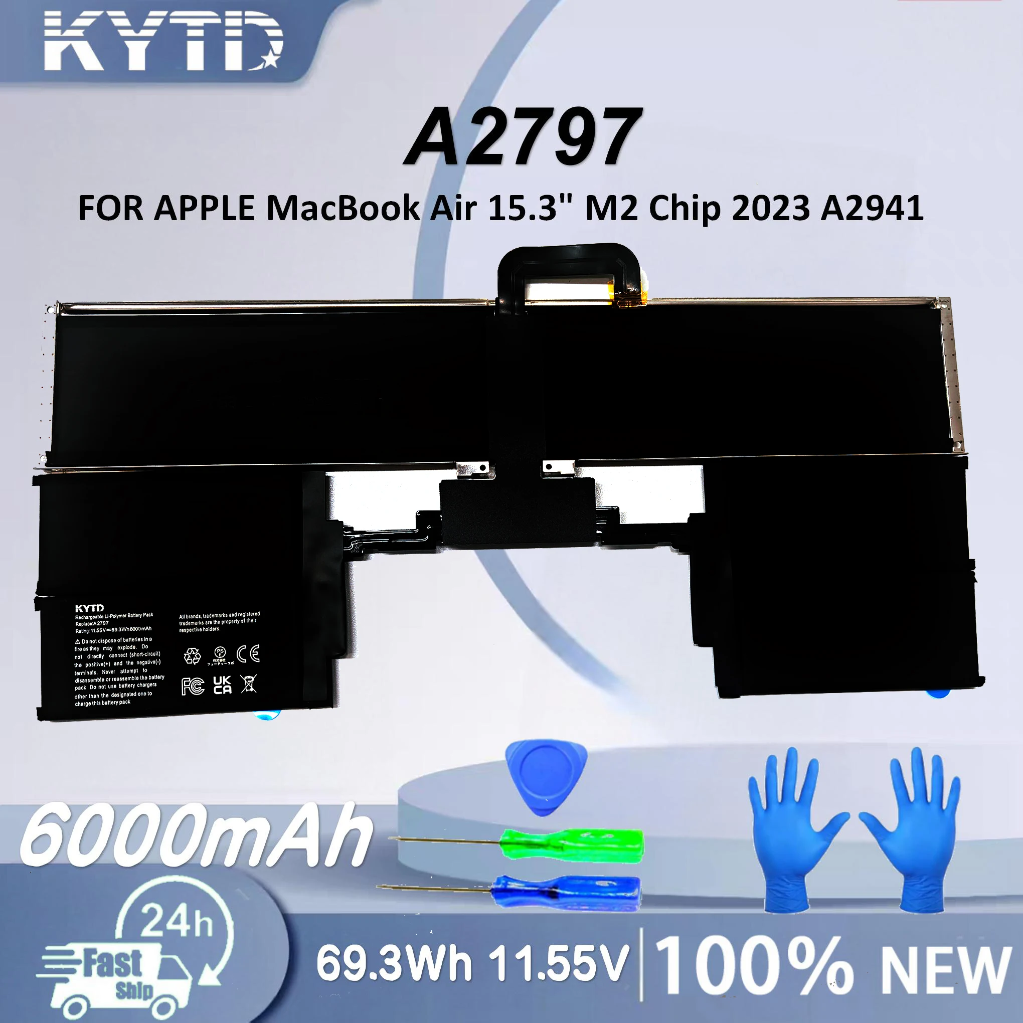 KYTD A2797 Laptop Battery for APPLE MacBook Air 15.3" M2 Chip 2023 A2941 11.55V 69.3WH 6000mAh
