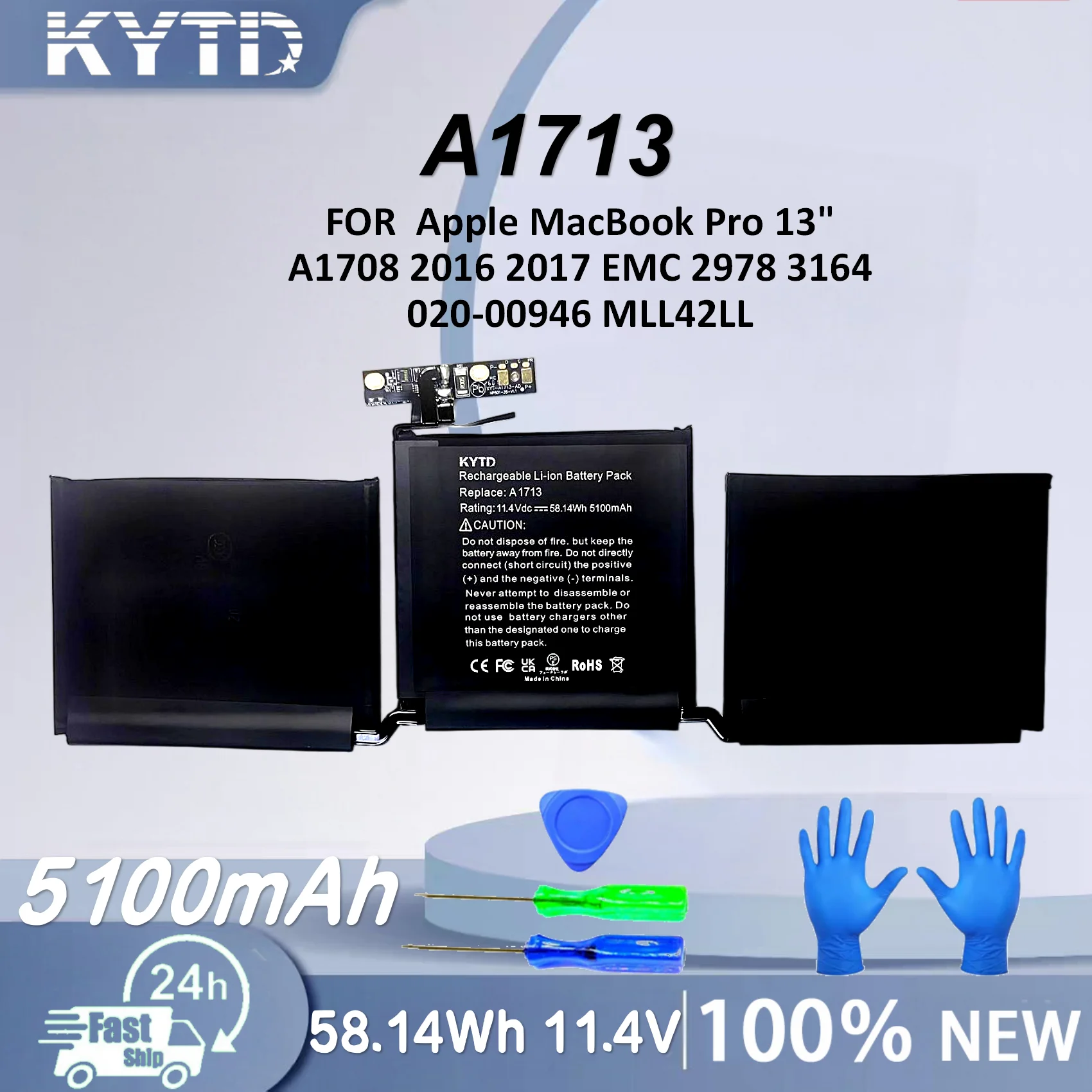 KYTD A1713 Laptop Battery for Apple MacBook Pro 13" A1708 2016 2017 EMC 2978 3164 020-00946 MLL42LL Batteria AKKU 5100mAh