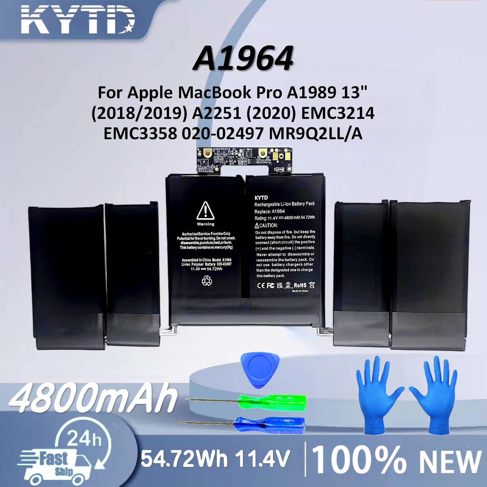 KYTD A1964 Laptop Battery For Apple MacBook Pro A1989 13" (2018/2019) A2251 (2020) EMC3214 EMC3358 020-02497 MR9Q2LL/A 54.72Wh